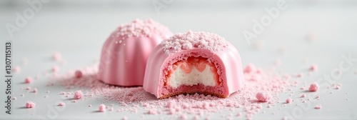 Delicious pink strawberry mousse dessert with cream filling photo