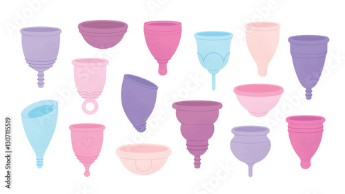 Menstrual cups. Female hygiene, reusable silicone special cup different forms for women period. Save nature and environment, medical equipment racy vector icons