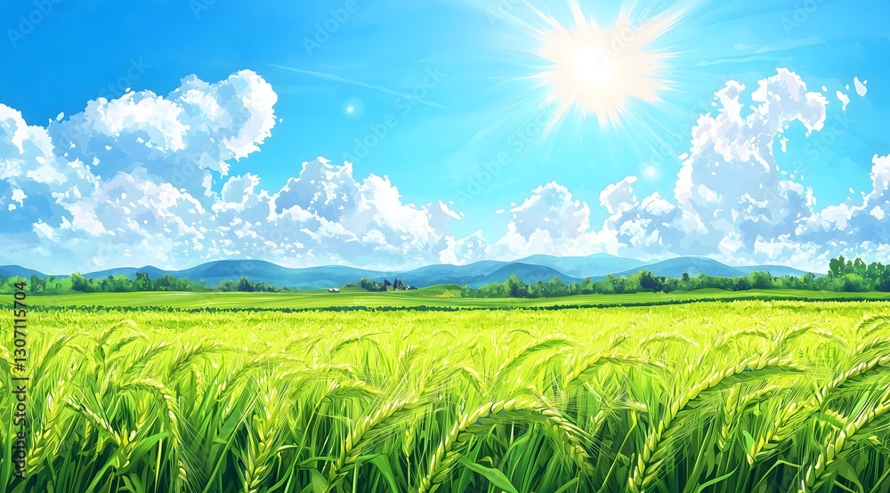 Lush green field under a bright sunny sky with fluffy clouds and distant mountains. Lush green field under a bright sunny sky with fluffy clouds and distant mountains.
