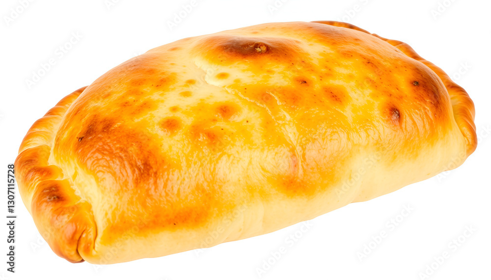 Calzone. Looked at from the side, low perspective, at a 33 degree angle, soft lighting, isolated on a white background. Calzone. Looked at from the side, low perspective, at a 33 degree angle, soft lighting, isolated on a white background.