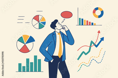 Businessman financial data analysis, economic and growth diagram, stock market exchange data, investment analysis, growth earning income concept, businessman thinking with data chart and graph.