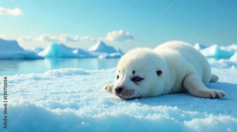 Fototapeta premium A Young Arctic Seal Pup Rests on a Snowy Ice Floe, Basking in the Gentle Arctic Sunlight