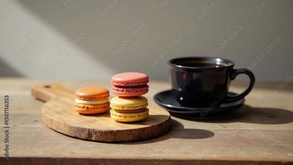 A delightful trio of colorful macarons rests on a rustic wooden board, accompanied by a steaming cup of dark coffee, bathed in the warm glow of sunlight. A delightful trio of colorful macarons rests on a rustic wooden board, accompanied by a steaming cup of dark coffee, bathed in the warm glow of sunlight.