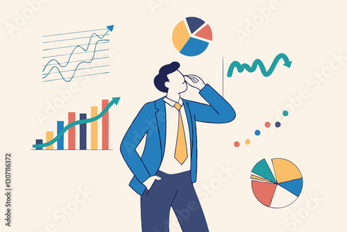 Businessman financial data analysis, economic and growth diagram, stock market exchange data, investment analysis, growth earning income concept, businessman thinking with data chart and graph.