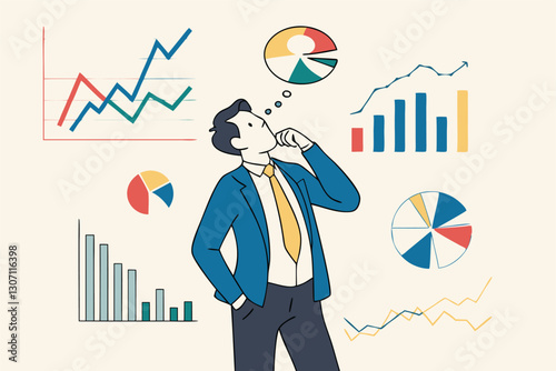 Businessman financial data analysis, economic and growth diagram, stock market exchange data, investment analysis, growth earning income concept, businessman thinking with data chart and graph.