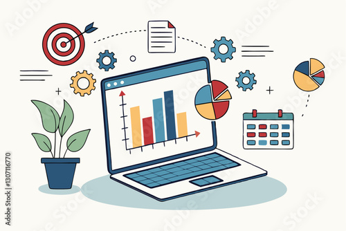 Project management, planning for software development, resources and budget planning, project schedule diagram, gantt chart for work deadline concept, computer laptop with project management software.
