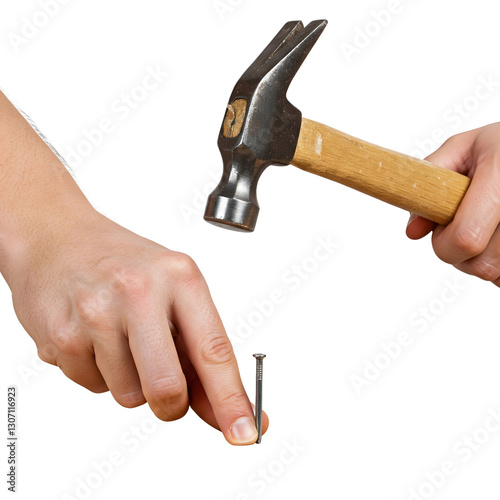 A hand holding a nail while another hand holds a hammer above it, all on a transparent background.
