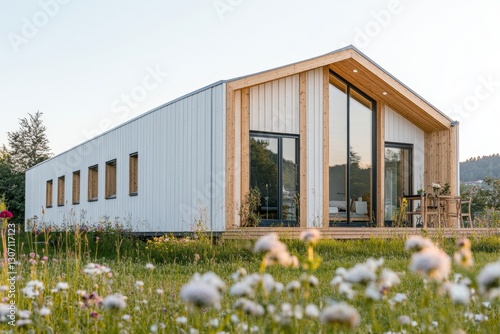 Close-up front view of modern Scandinavian villa with wooden accents and summer flowers

