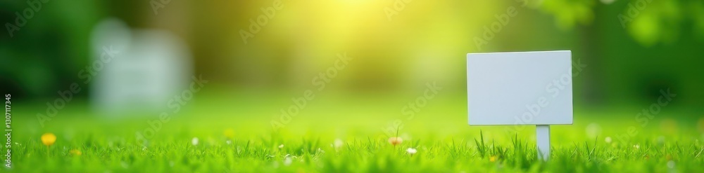 Crisp white yard sign, soft focus green grass backdrop Ideal for advertising , vibrant, white