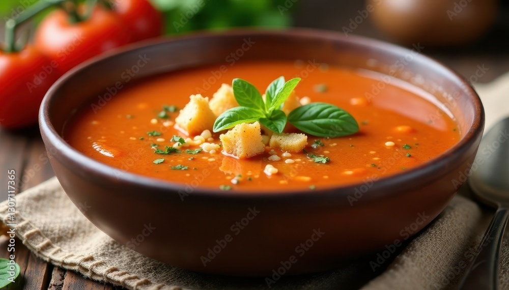 Creamy tomato soup, crunchy croutons, rustic bowl , bread, healthy, rustic Creamy tomato soup, crunchy croutons, rustic bowl , bread, healthy, rustic