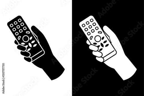 Minimalist Hand Holding Remote Control Silhouette Vector Icon Black and White Background.