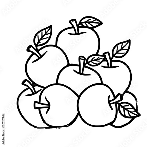 Ein Haufen Äpfel, Apfelhaufen Schwarz-Weiß-Zeichnung -Line-Art Illustration