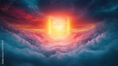 Ethereal sunset illuminating celestial clouds skies above digital mystical wide angle surrealism