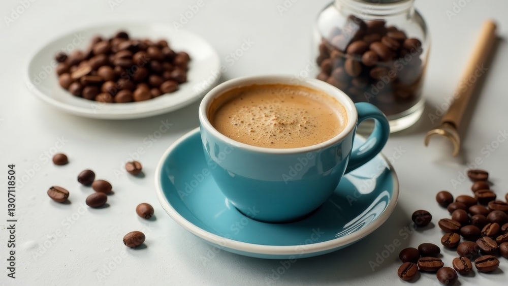 Aromatic Brew A Single Serving of Espresso in a Light Blue Cup, Surrounded by Roasted Coffee Beans and a Glass Jar Aromatic Brew A Single Serving of Espresso in a Light Blue Cup, Surrounded by Roasted Coffee Beans and a Glass Jar