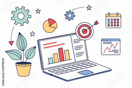 Project management, planning for software development, resources and budget planning, project schedule diagram, gantt chart for work deadline concept, computer laptop with project management software.
