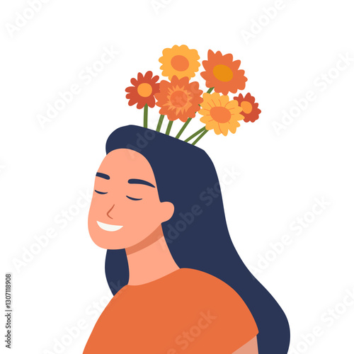 Mental Health Awareness Month. vector illustration with a mental health concept featuring an illustration of a woman undergoing therapy with floral decoration. Care about mental health. Increase aware