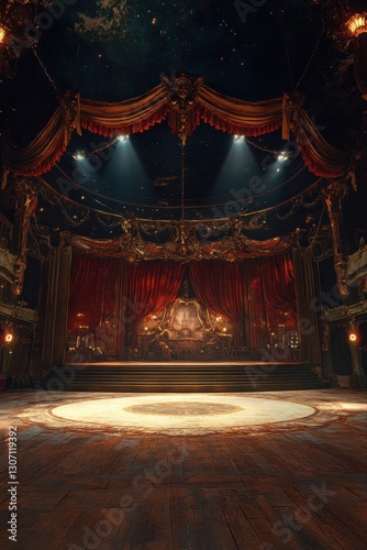 Luxurious circus-themed stage with grand red curtains, vintage lighting, and elegant theatrical decor