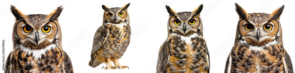 Four majestic owls with striking gazes and striking plumage are perched in a lush forested setting showcasing the power and beauty of these nocturnal predators  The owls  piercing eyes hooked beaks