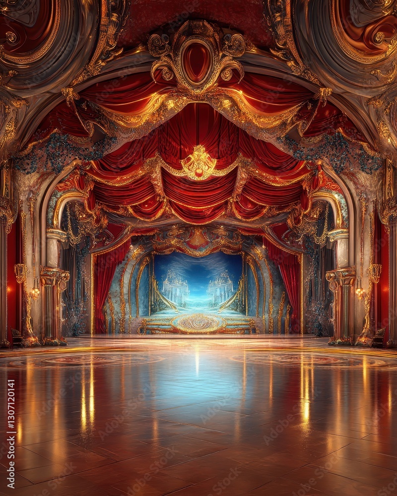 Fototapeta premium Luxurious circus-themed stage with grand red curtains, vintage lighting, and elegant theatrical decor