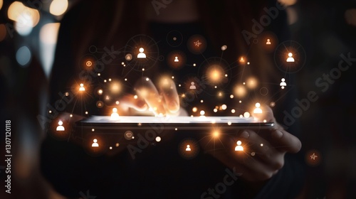 Person using tablet to connect with social network digital user profiles glowing in the dark
