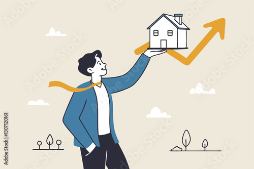 House and property investment, real estate price growth or mortgage calculation chart, buy or rent house decision concept, smart businessman property expertise presenting house pricing graph.