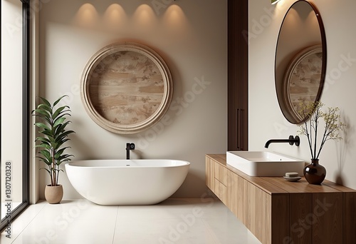 Organic Modern Bathroom: White Floor, Sink, Wooden Countertop, Earth Tone Palette, Textured Detail, and Stone Carvings Highlighted

 photo