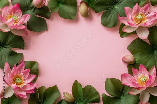 Moldura floral com flor de lótus rosa e folhas verdes vibrantes sobre fundo rosa suave, criada com IA generativa para um design delicado e natural