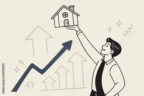 House and property investment, real estate price growth or mortgage calculation chart, buy or rent house decision concept, smart businessman property expertise presenting house pricing graph.