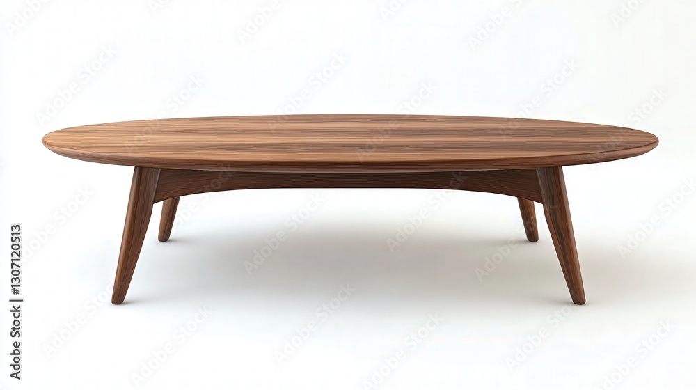 A mid-century modern coffee table with an oval shape and smooth walnut finish, centered on a crisp white background.