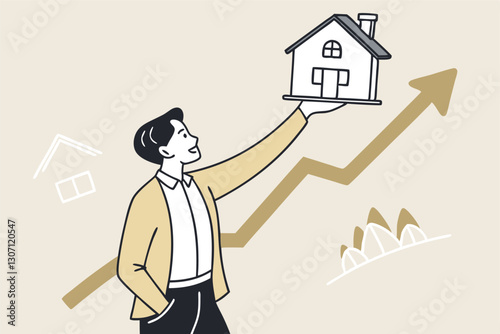 House and property investment, real estate price growth or mortgage calculation chart, buy or rent house decision concept, smart businessman property expertise presenting house pricing graph.