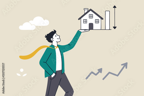 House and property investment, real estate price growth or mortgage calculation chart, buy or rent house decision concept, smart businessman property expertise presenting house pricing graph.