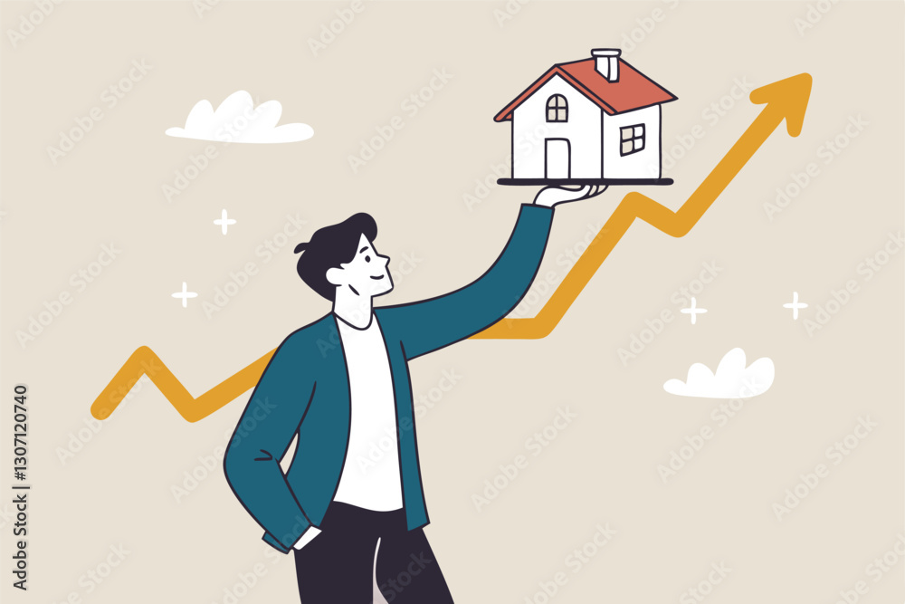 House and property investment, real estate price growth or mortgage calculation chart, buy or rent house decision concept, smart businessman property expertise presenting house pricing graph. House and property investment, real estate price growth or mortgage calculation chart, buy or rent house decision concept, smart businessman property expertise presenting house pricing graph.
