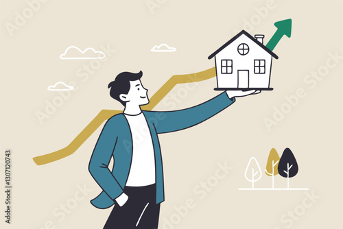 House and property investment, real estate price growth or mortgage calculation chart, buy or rent house decision concept, smart businessman property expertise presenting house pricing graph.