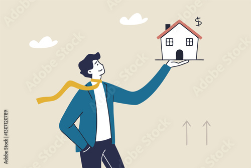 House and property investment, real estate price growth or mortgage calculation chart, buy or rent house decision concept, smart businessman property expertise presenting house pricing graph.