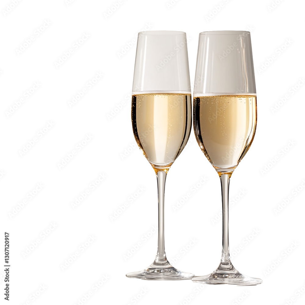 Two champagne flutes filled with champagne. Two champagne flutes filled with champagne.