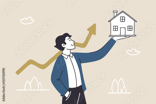 House and property investment, real estate price growth or mortgage calculation chart, buy or rent house decision concept, smart businessman property expertise presenting house pricing graph.