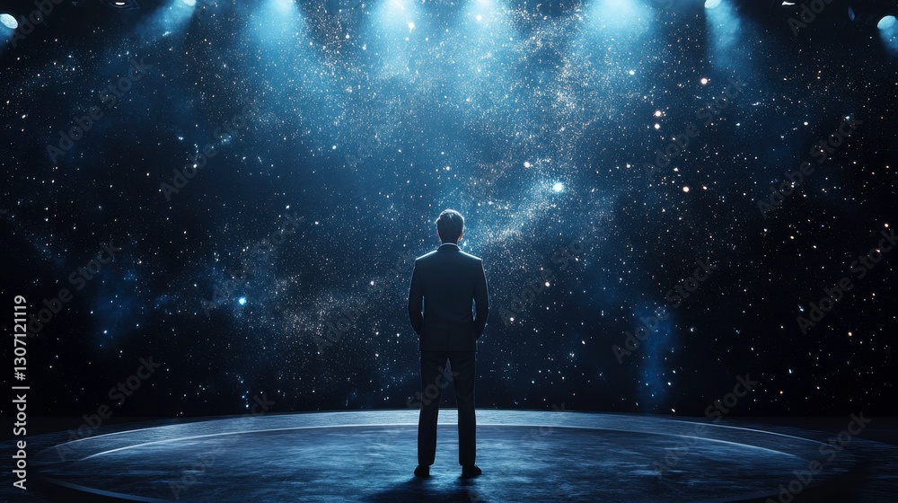 Fototapeta premium A person stands alone on a stage, gazing up at a vast, star-filled galaxy illuminated by ethereal lights.