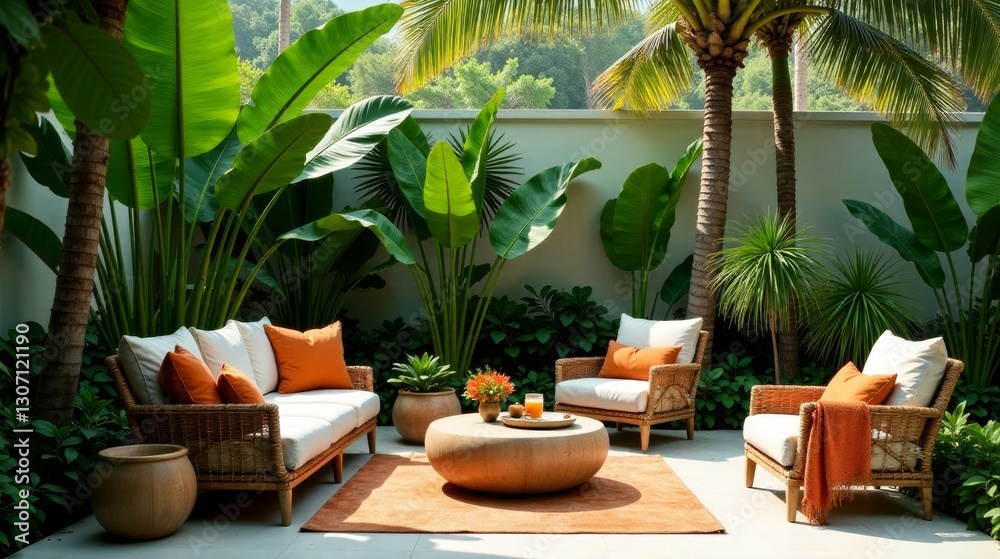 Fototapeta premium Serene Outdoor Patio Oasis with Lush Tropical Greenery and Comfortable Wicker Furniture