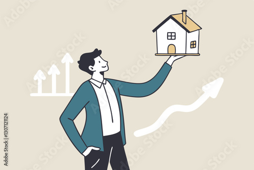House and property investment, real estate price growth or mortgage calculation chart, buy or rent house decision concept, smart businessman property expertise presenting house pricing graph.