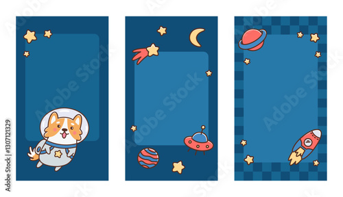 Trendy stories templates for social media. Set of vertical frames for Cosmonautics Day. Backgrounds with corgi dog astronaut or cosmonaut, stars, planets, rocket, moon. Flat vector space wallpapers