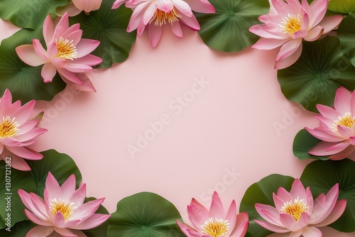 Wallpaper Mural Moldura floral com flor de lótus rosa e folhas verdes vibrantes sobre fundo rosa suave, criada com IA generativa para um design delicado e natural Torontodigital.ca