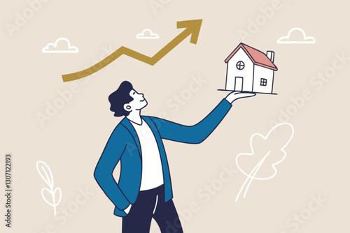 House and property investment, real estate price growth or mortgage calculation chart, buy or rent house decision concept, smart businessman property expertise presenting house pricing graph.