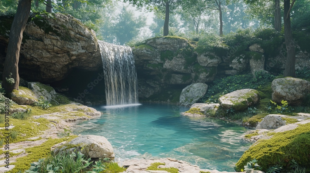 Naklejka premium A hidden forest grotto with moss-covered stones, a soft waterfall flowing into a crystal-clear pool, mystical and tranquil, ultra-realistic, high definition.