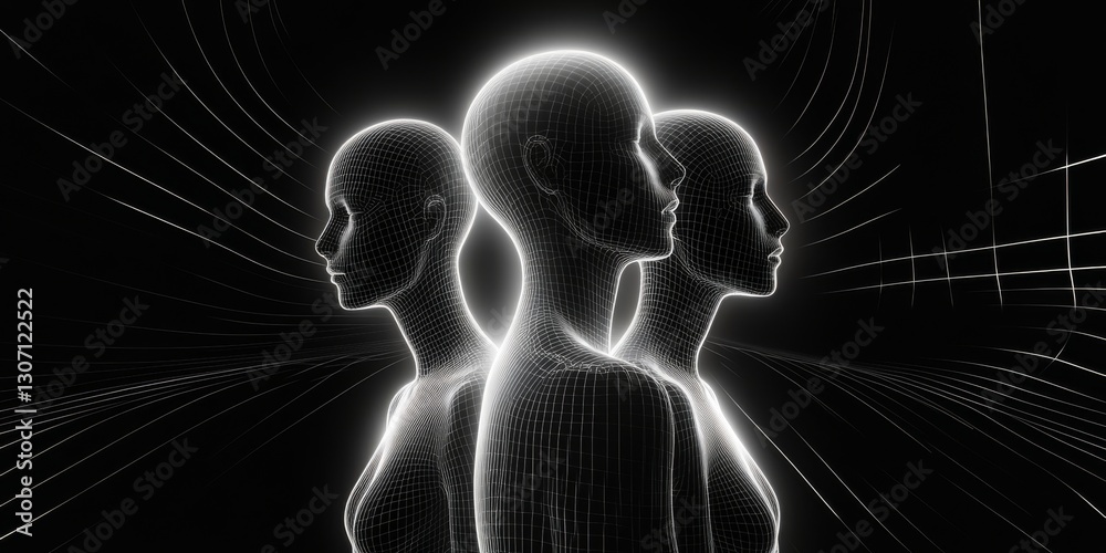 Abstract Digital Illustration of Three Glowing Human Figures. The composition conveys themes of technology, artificial intelligence, and the digital age. Abstract Digital Illustration of Three Glowing Human Figures. The composition conveys themes of technology, artificial intelligence, and the digital age.
