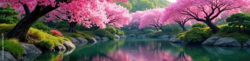 Cherry blossoms in full bloom over a peaceful Japanese pond Zen garden serenity , flower, elegant Cherry blossoms in full bloom over a peaceful Japanese pond Zen garden serenity , flower, elegant