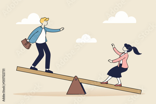 Gender equality, treat female and male equally, diversity or balance, fairness and justice concept, businessman and businesswoman balancing on equal seesaw.