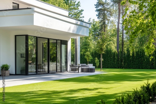 Close-up corner view of luxury villa with large glass doors and manicured lawn

