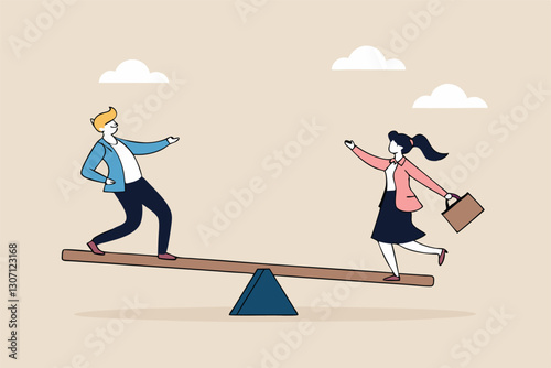 Gender equality, treat female and male equally, diversity or balance, fairness and justice concept, businessman and businesswoman balancing on equal seesaw.
