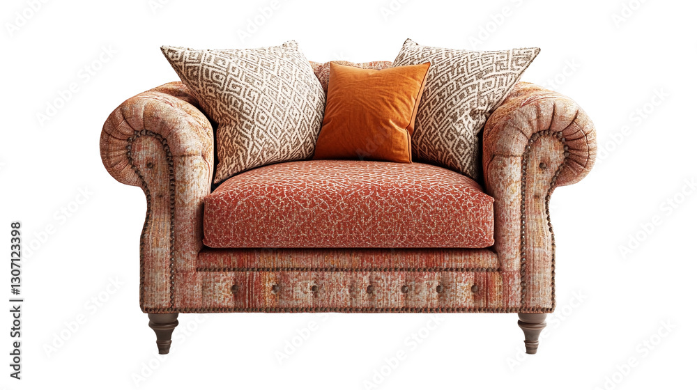 Fototapeta premium A close-up of a patterned sofa with two throw pillows against a white background.