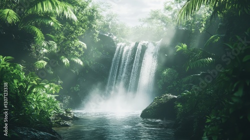 A hidden waterfall in a dense forest, surrounded by lush greenery, mist rising from the water, serene and peaceful atmosphere, ultra-detailed, high resolution.